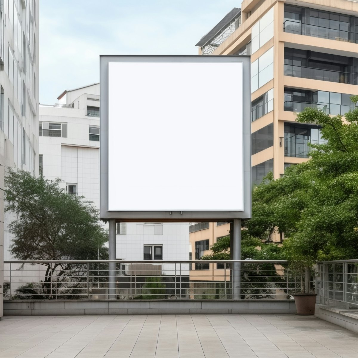 An empty poster frame on a terrace between apartment buildings, with the “Your brand” identity applied