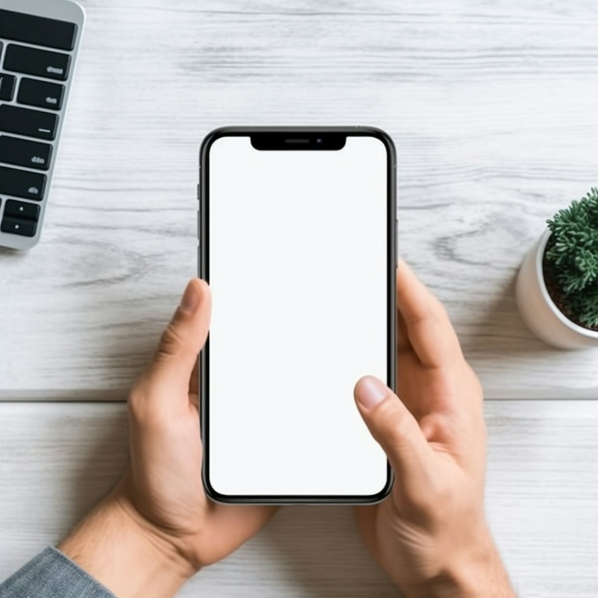 Two hands holding a phone with a blank white screen over a pale wooden desk, with the “Your brand” identity applied