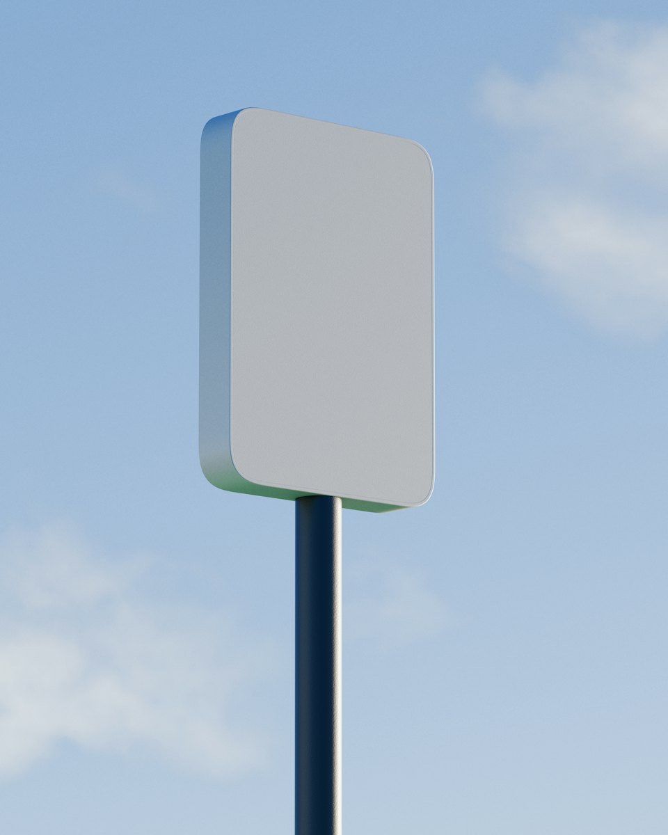 A blank rectangular sign on a pole against a pale blue sky, with the “Your brand” identity applied