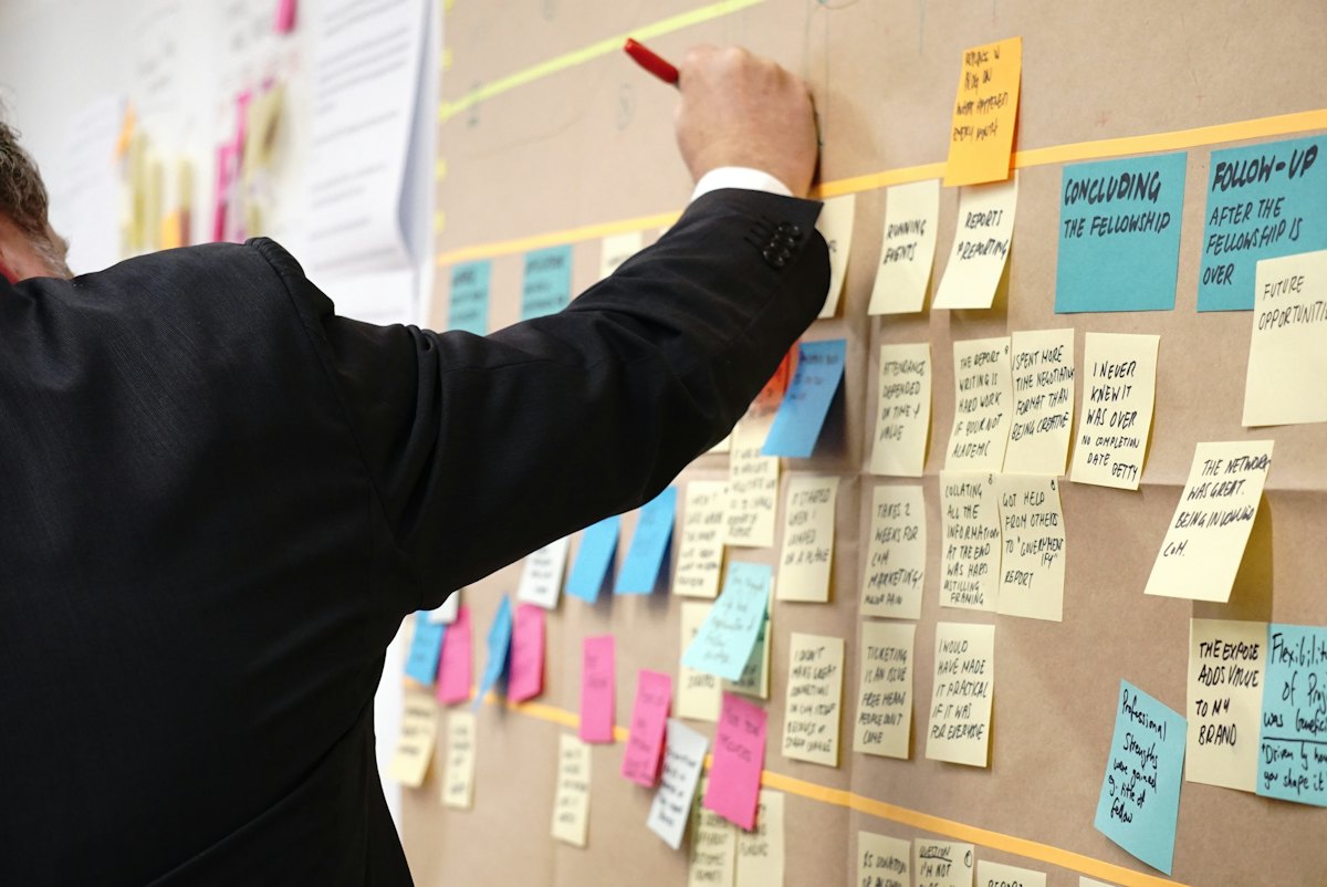 A strategy workshop wall covered in sticky notes and sketches
