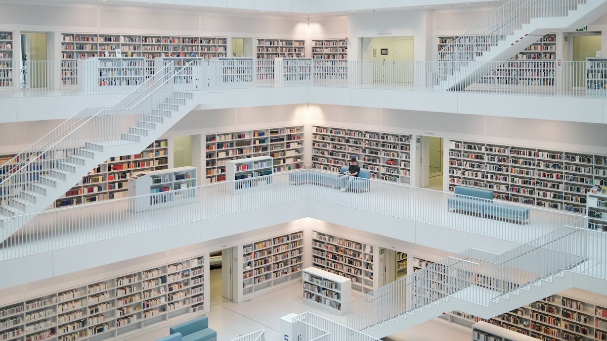 The white shelves and stairs of a modern public library