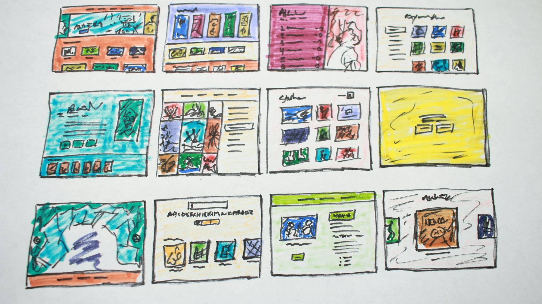 Twelve hand-drawn page layouts in three rows, each coloured in with marker: one campaign’s screens side by side.