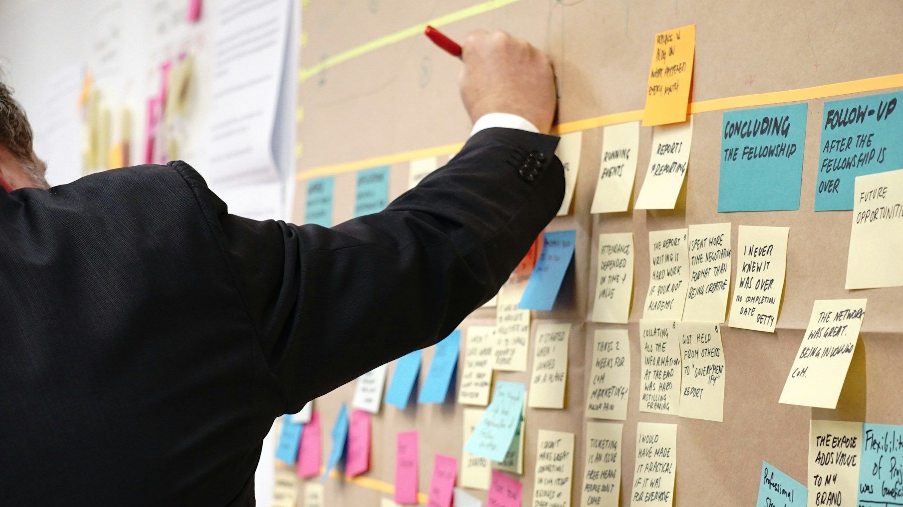 A hand adding a note to a customer-journey map of sticky notes pinned in columns on a corkboard.