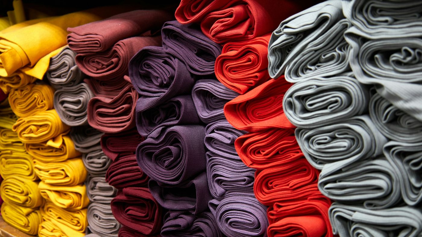 Rolled lengths of knitted fabric stacked by colour: mustard, mauve, plum, red and grey
