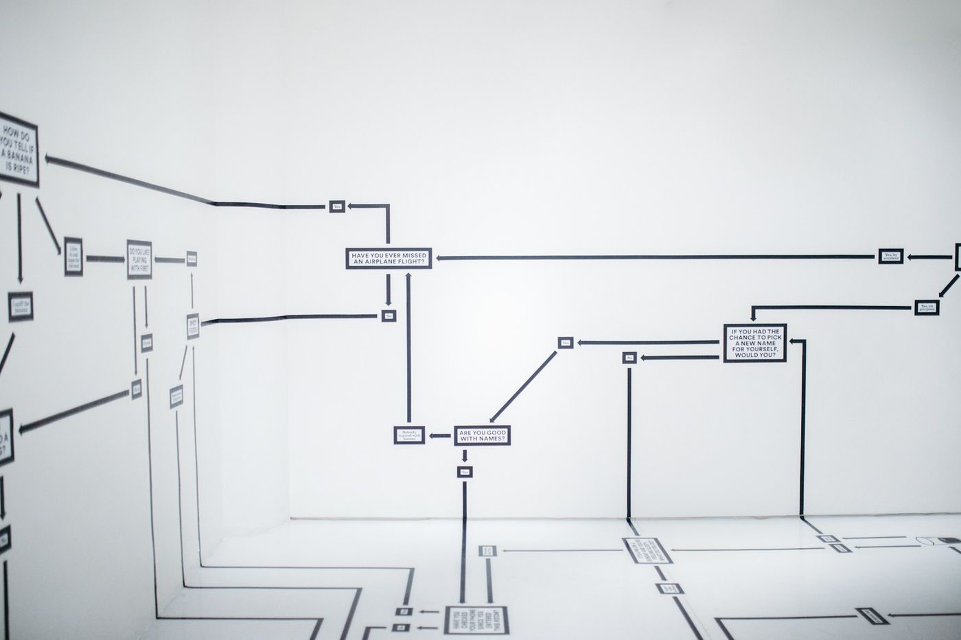 A black-line flowchart with small labelled boxes painted across a white wall