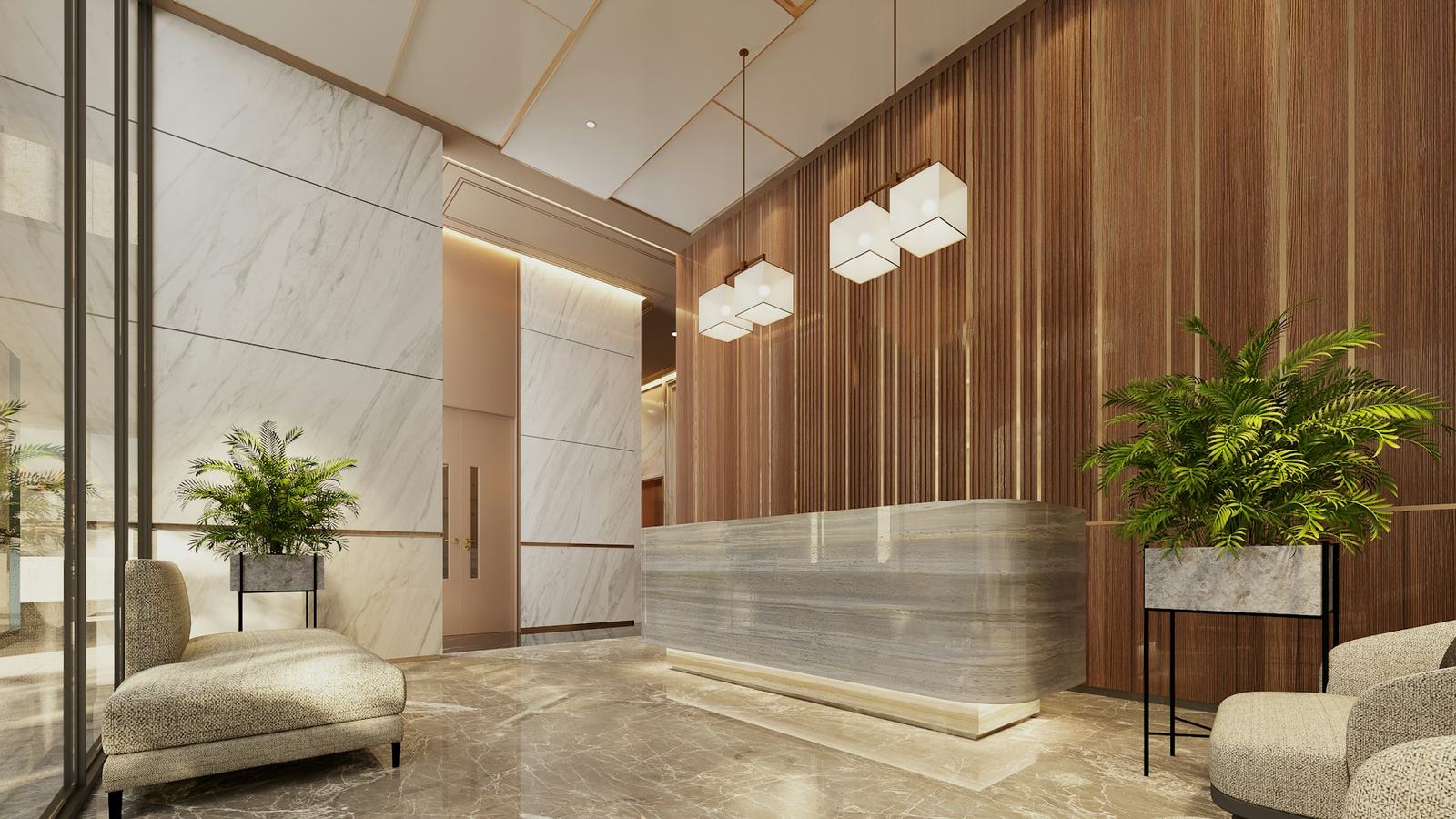A hotel lobby with a marble reception desk, wood panelling, pendant lights and armchairs