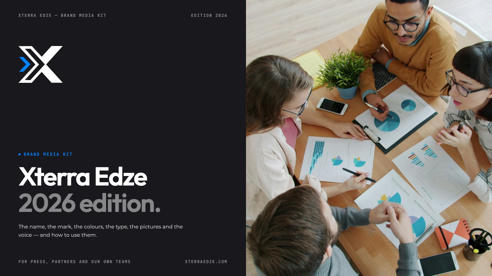 Cover spread: the Xterra Edze mark and “Xterra Edze, 2026 edition.” on ink beside a photograph of colleagues reviewing charts from above.