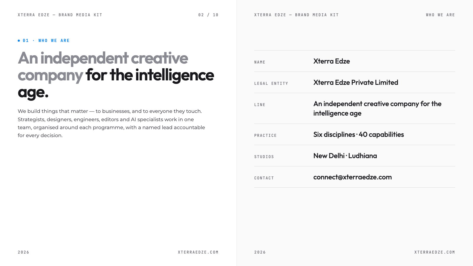 Who we are: “An independent creative company for the intelligence age.” beside the company facts — name, legal entity, line, practice, studios and contact.