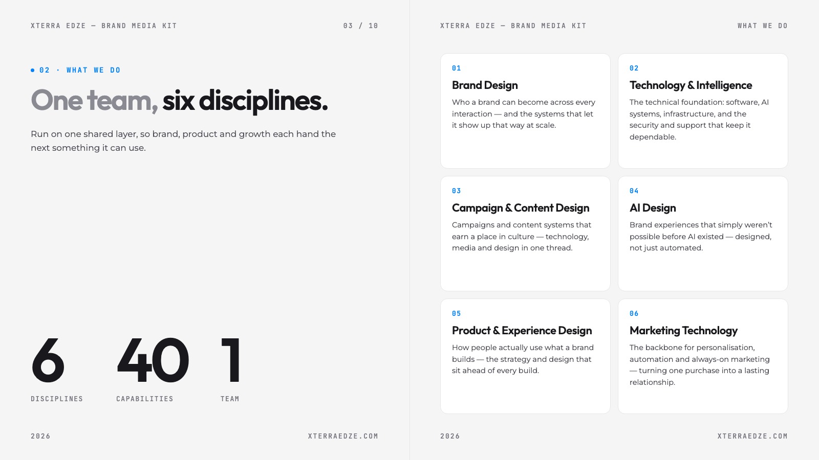 What we do: “One team, six disciplines.” with 6 disciplines, 40 capabilities, 1 team on the left page and six cards, one per discipline, on the right.