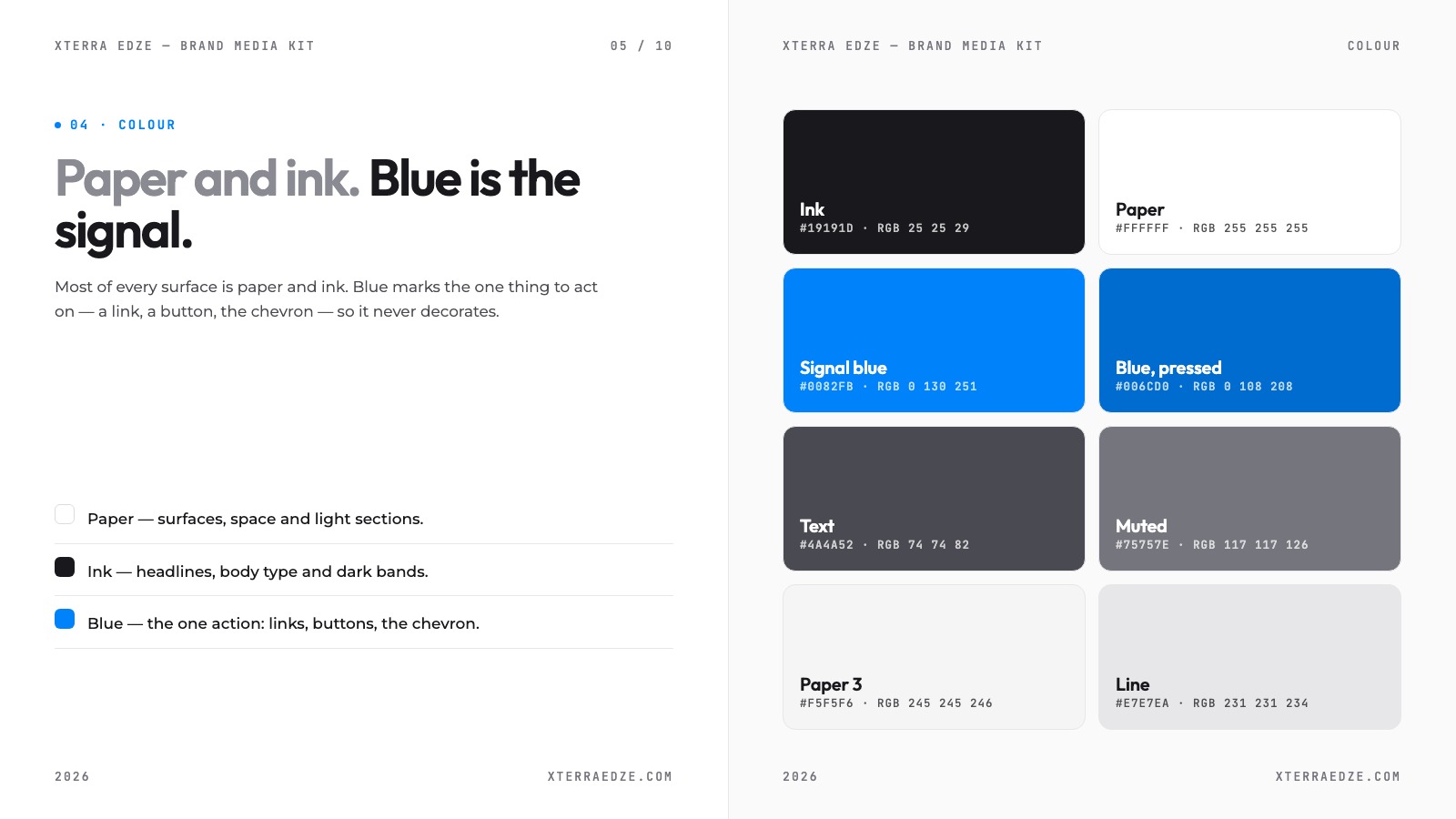 Colour: “Paper and ink. Blue is the signal.” with the job of each colour and eight swatches with their hex and RGB values.