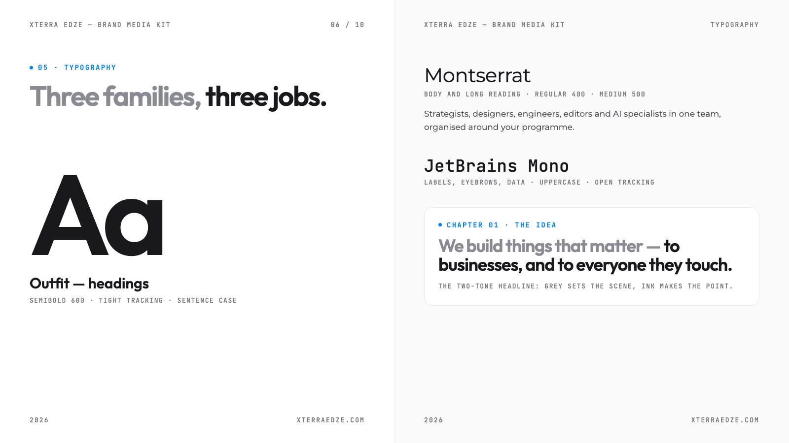 Typography: a large Outfit “Aa”, Montserrat and JetBrains Mono specimens, and the two-tone headline.