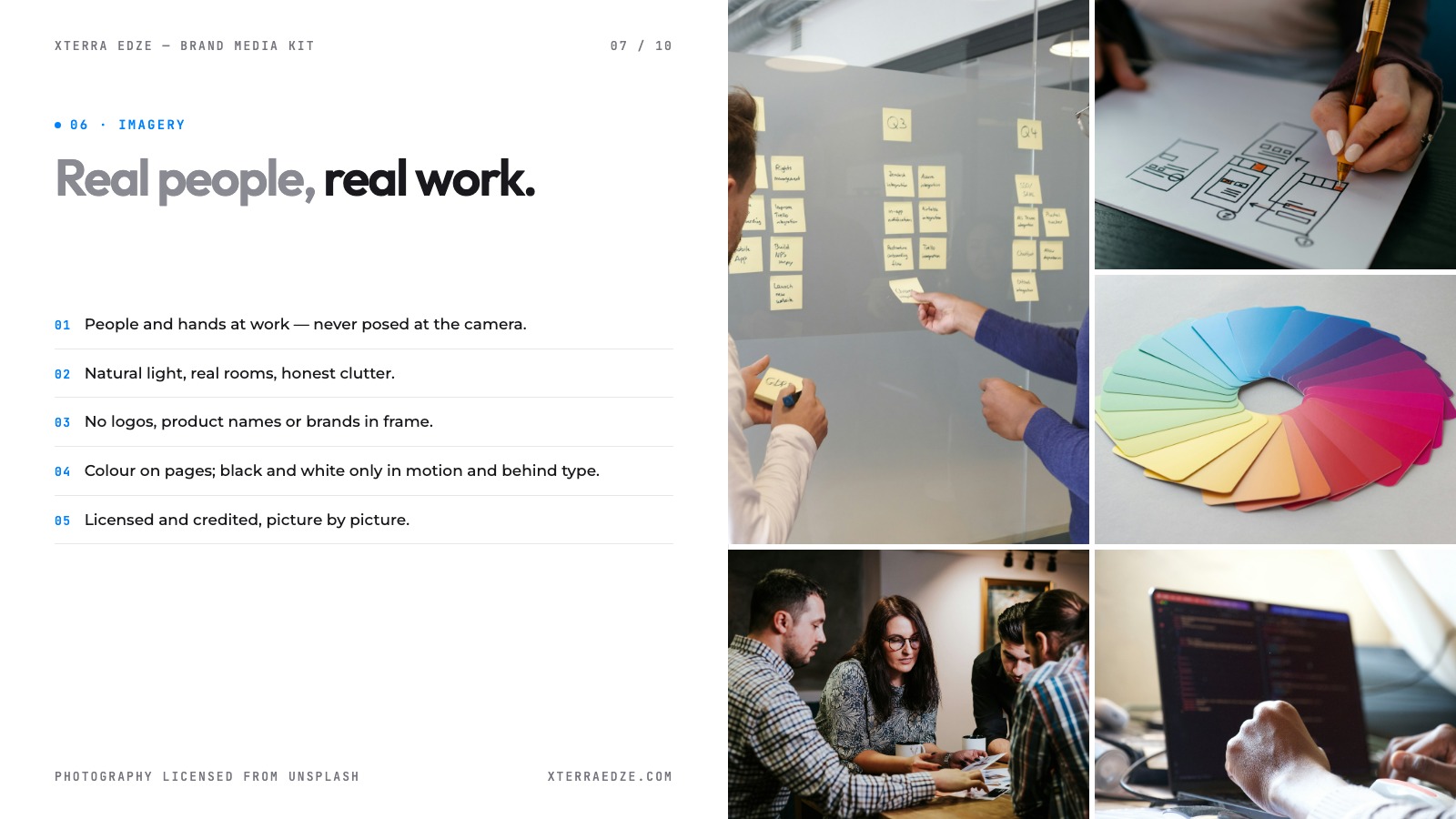 Imagery: five rules for photography beside a grid of five photographs of people and hands at work.