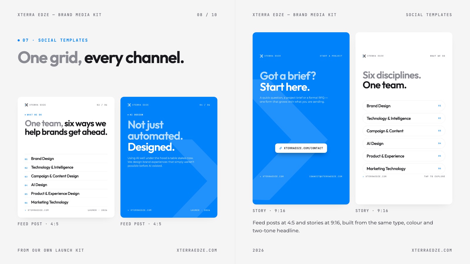 Social templates: two 4:5 feed posts on the left page and two 9:16 stories on the right, from the launch kit.