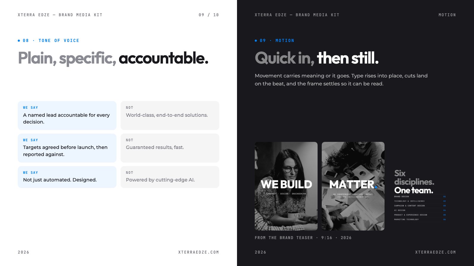 Tone of voice — what we say and what we don’t — beside the motion principles and frames from the brand teaser.