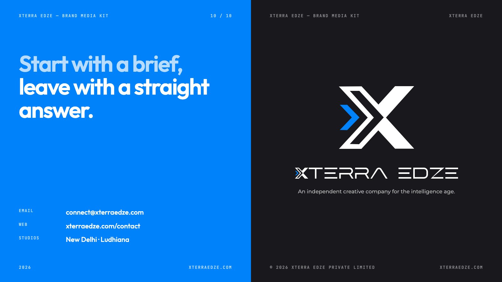 Contact on blue: “Start with a brief, leave with a straight answer.” with email, web and studios, beside the mark and wordmark on ink.