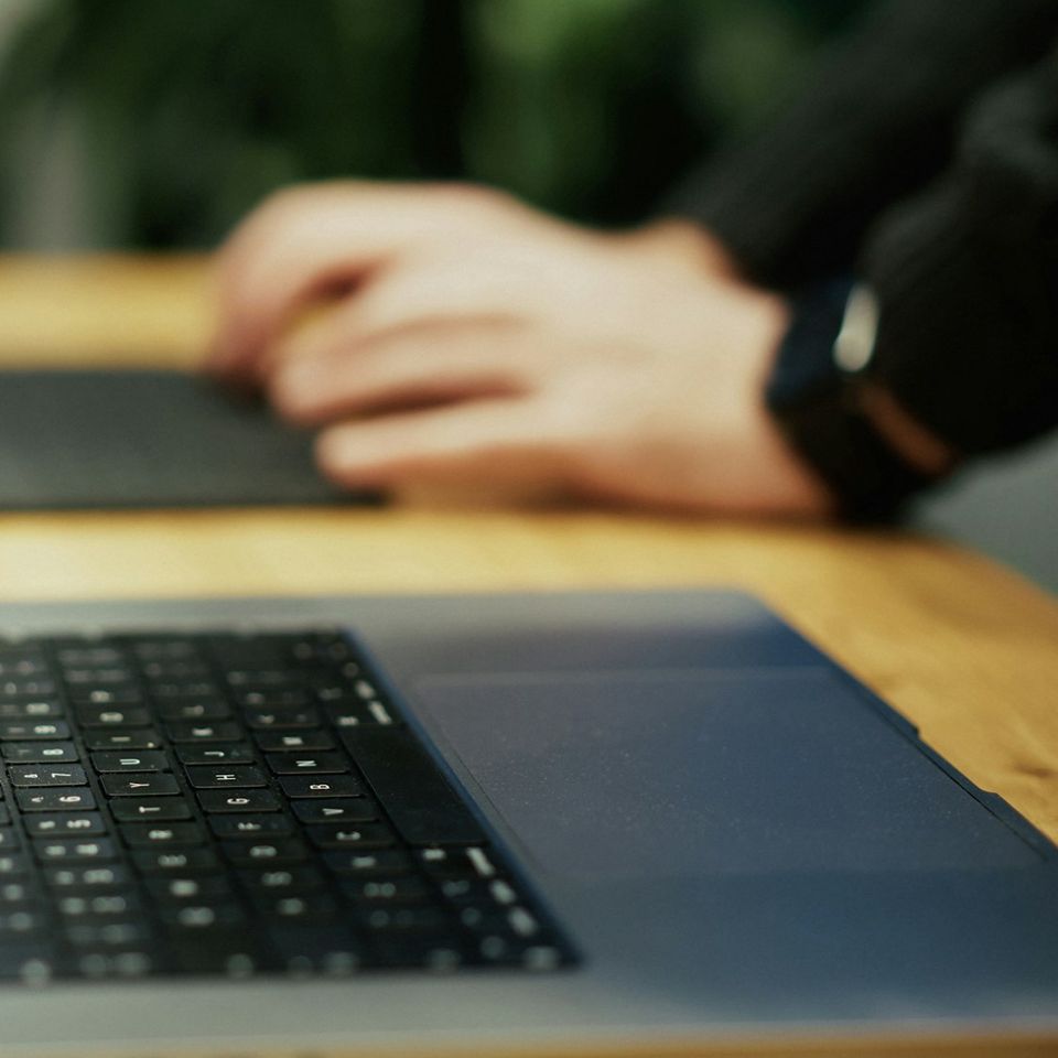 Hands at a laptop on a wooden table.