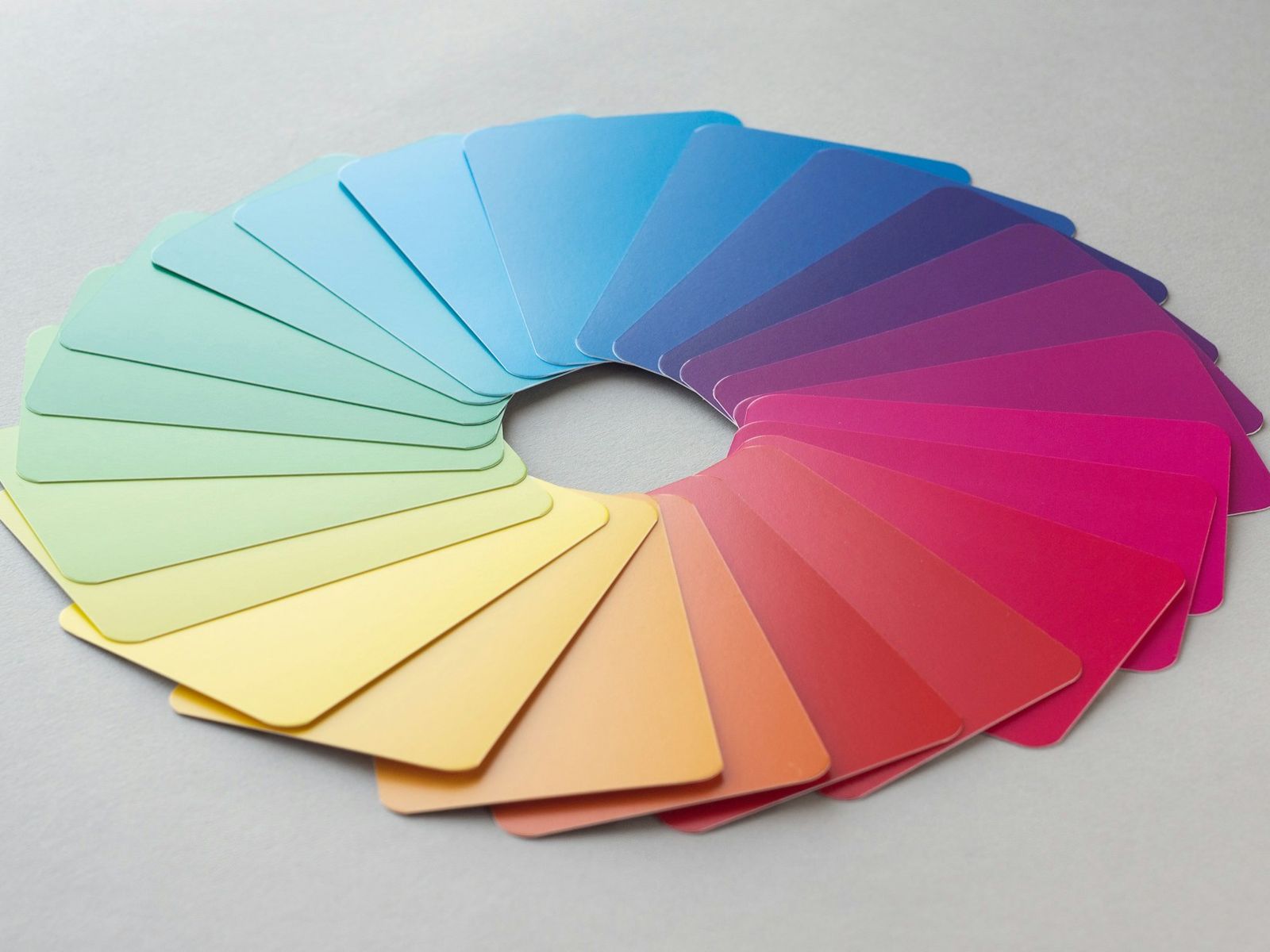 A circle of colour swatches fanned out on a grey surface.