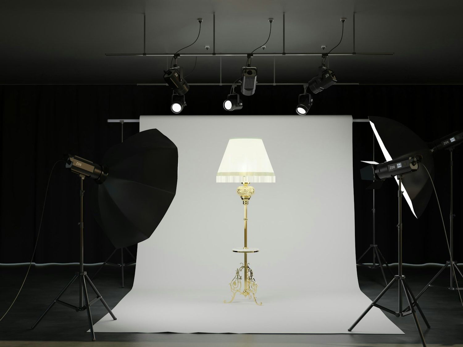 A lamp set up on a white paper backdrop under studio lights, ready for a shoot.