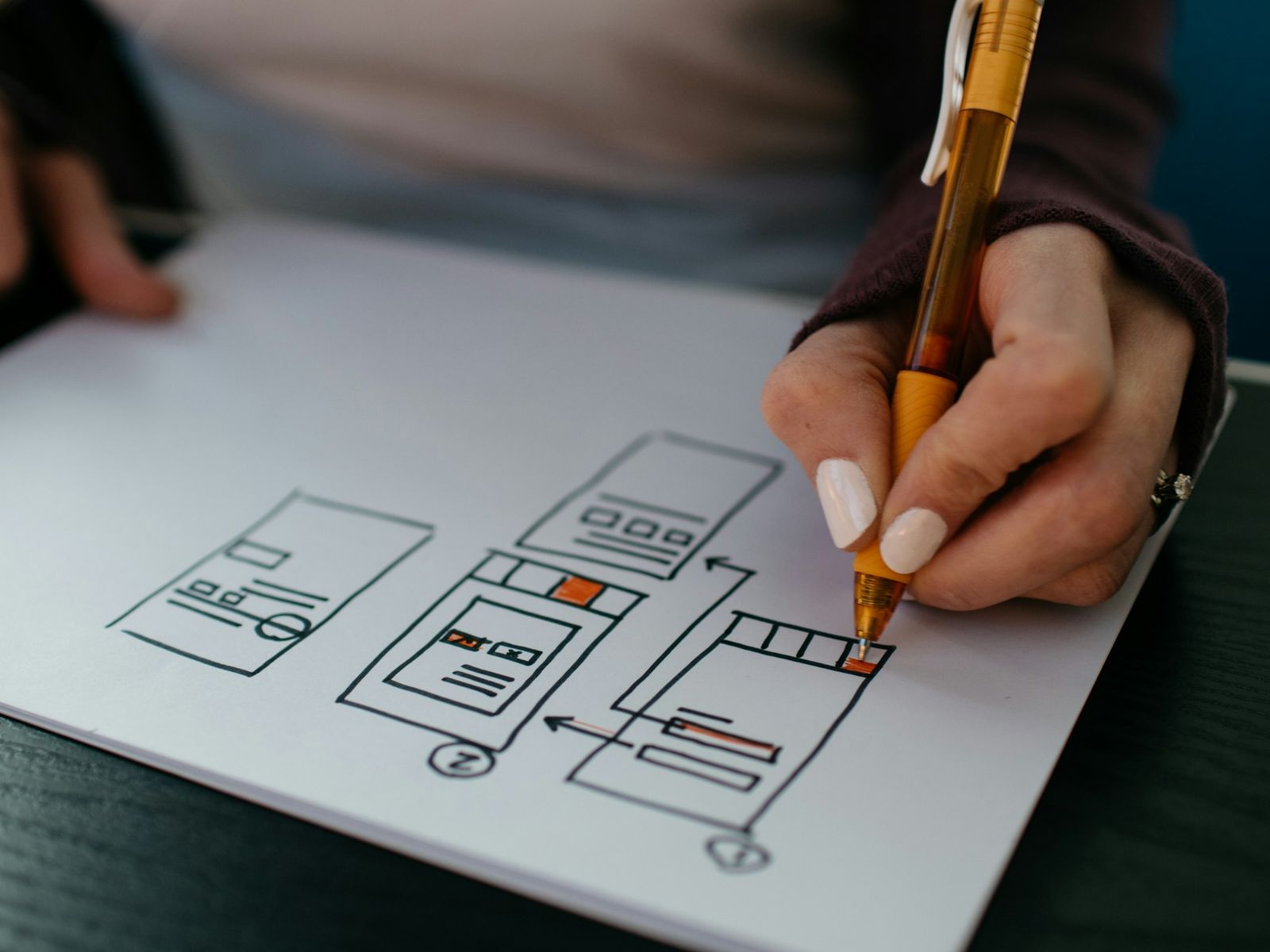 A hand sketching an app’s screens and the arrows between them with a yellow pen.