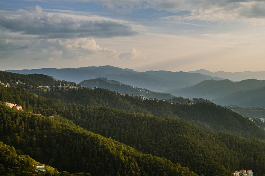 Forested hills folding into a valley under a late-afternoon sky.