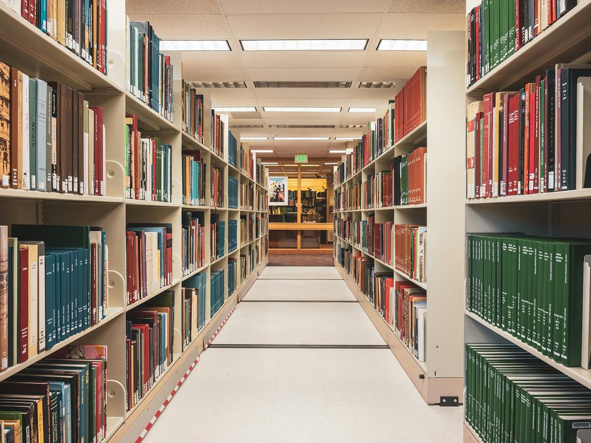 A long library aisle lined with shelves of bound volumes