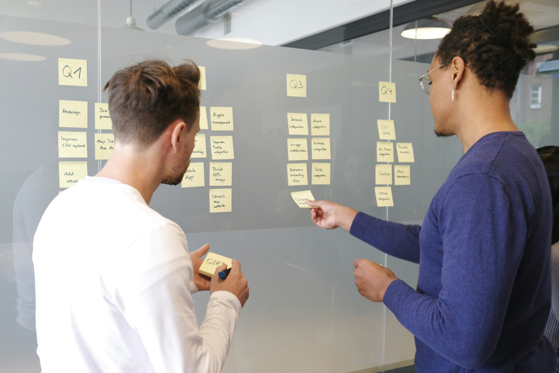 Two colleagues place handwritten sticky notes on a glass wall divided into quarters