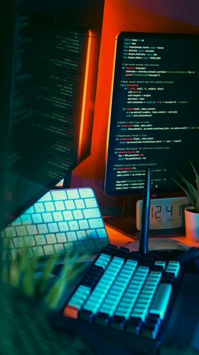 Two monitors of source code on a dark desk, lit keyboards in front of them