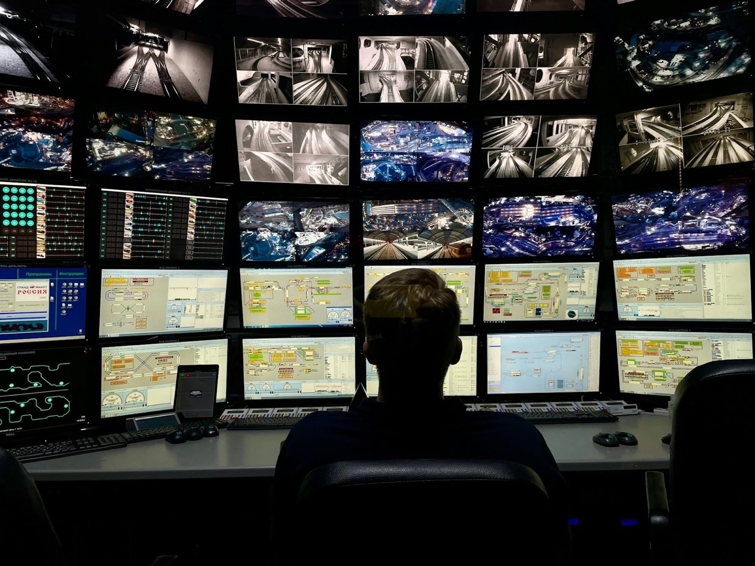 An operator seen from behind, facing a wall of monitoring screens in a darkened operations room
