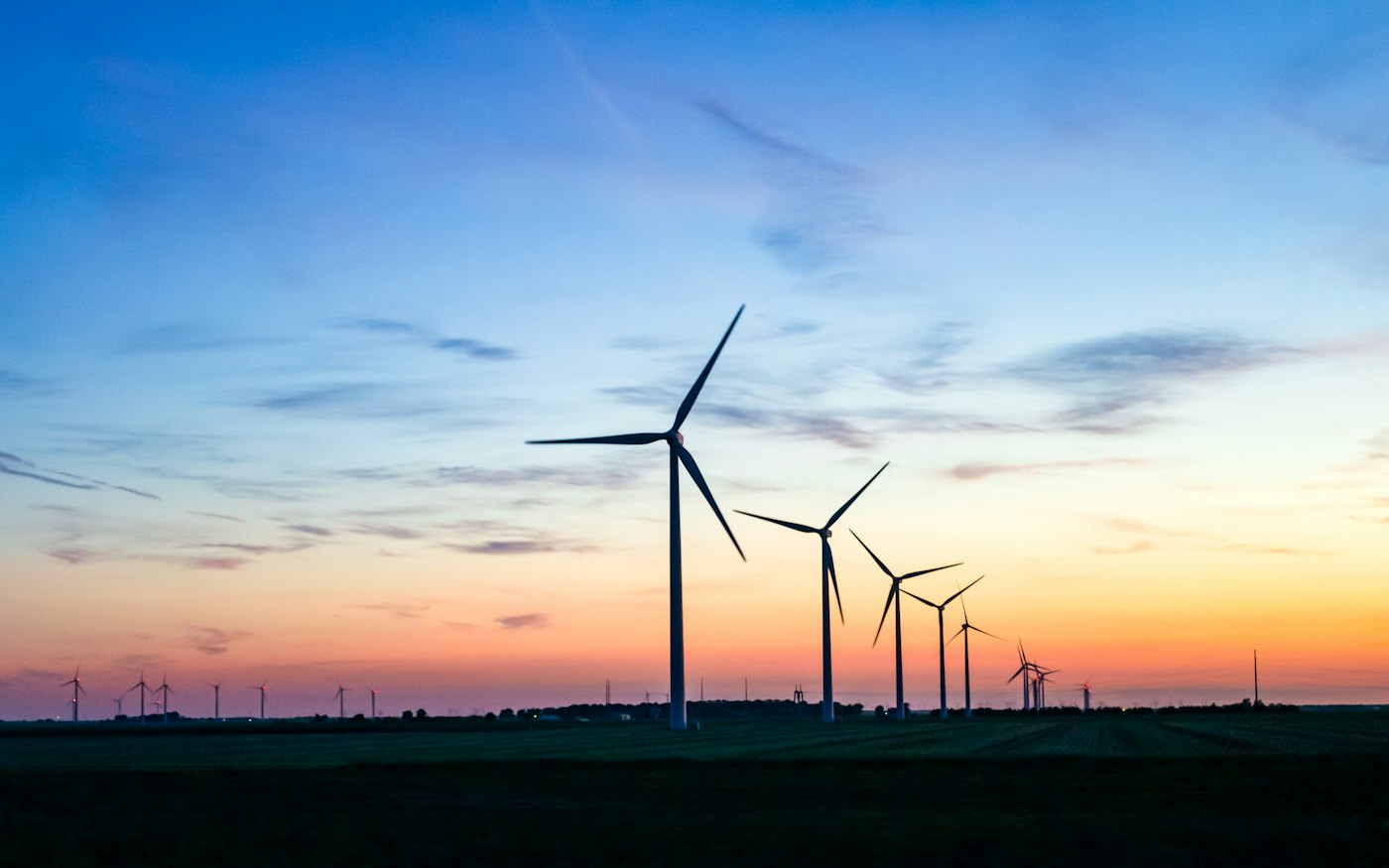Wind turbines on the horizon at dusk
