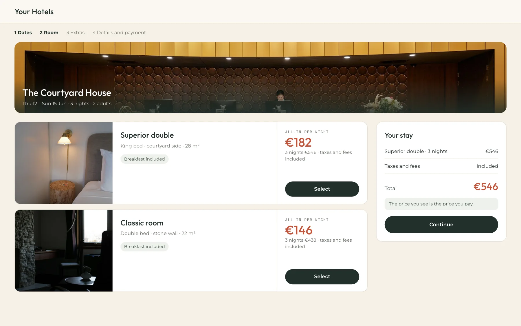 Illustration: the new room step. Each room shows its all-in price per night and the total for the stay, taxes included, from the first step.