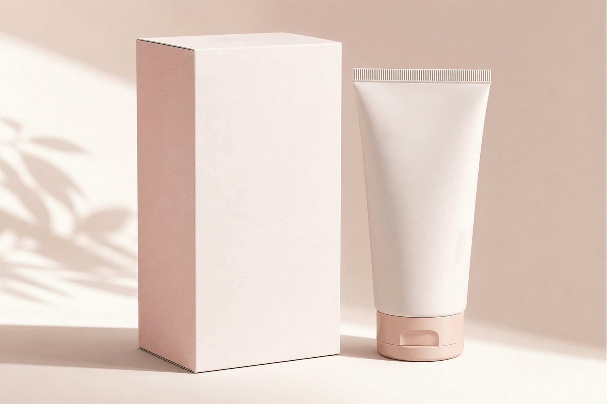 A blank pale pink carton and a white tube with a pink cap against a soft pink wall.