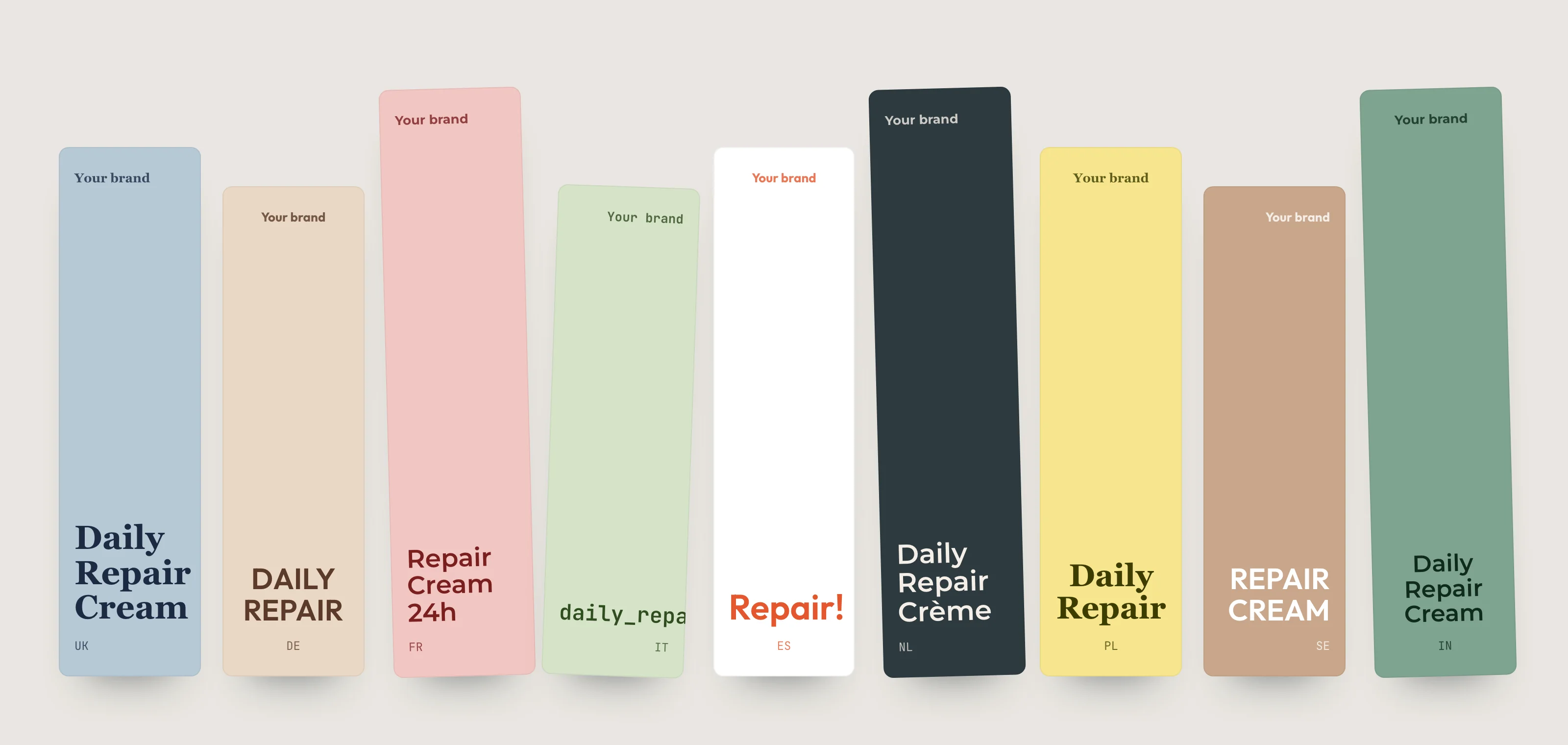 Illustration: nine versions of the same pack, each with a different colour, type style and layout.