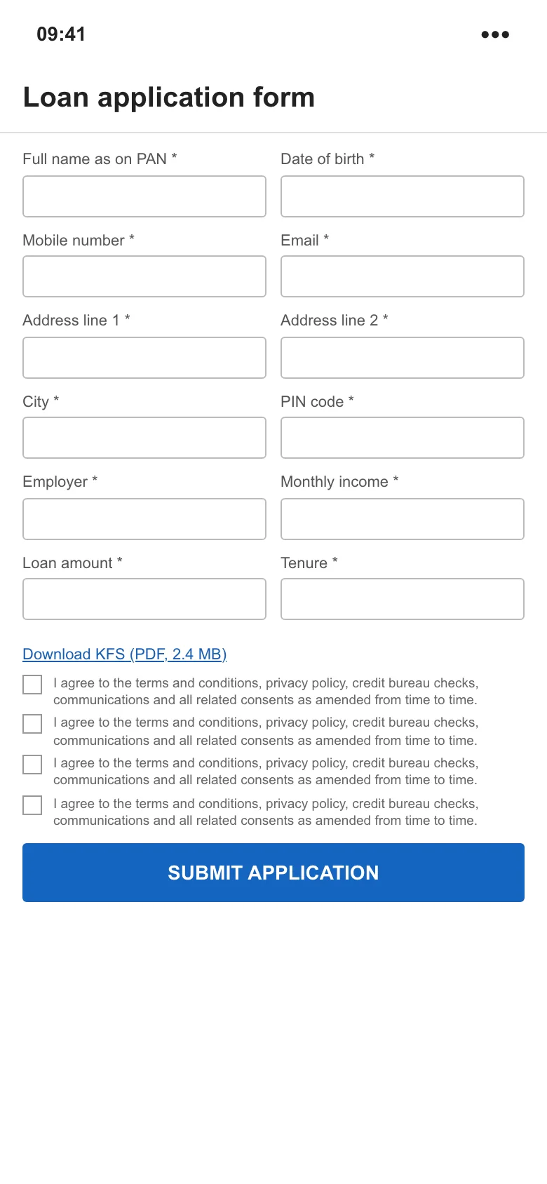Illustration: a long single-page application form with the disclosures behind a small “Download KFS (PDF)” link and a block of consent checkboxes.