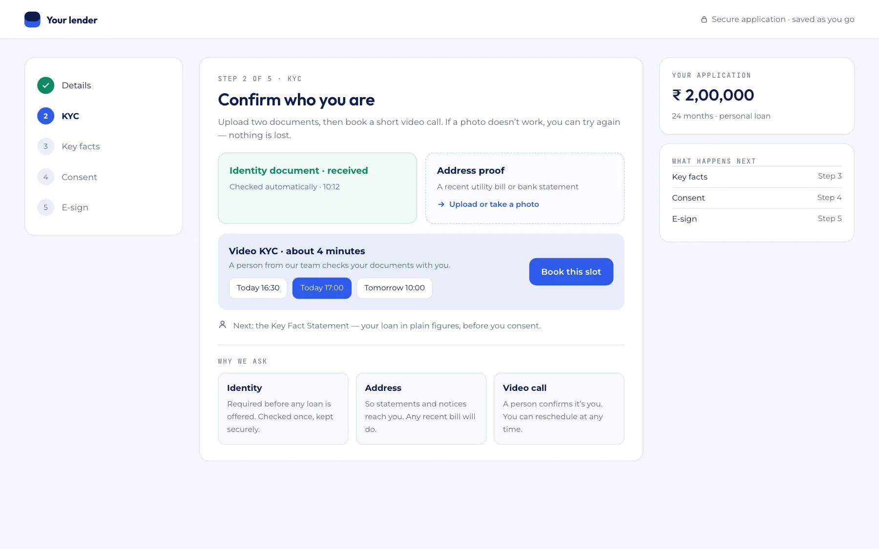 Illustration: the web version of the same onboarding, a five-step progress bar with the KYC step active and a document upload panel.