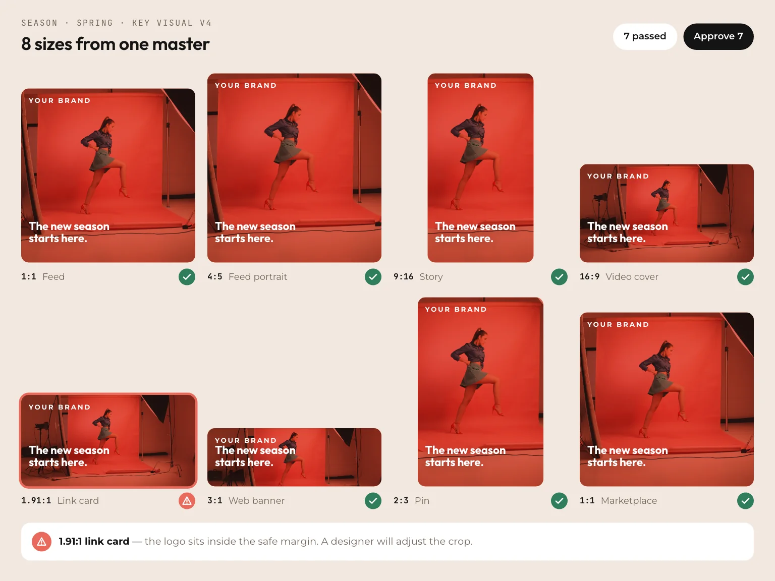 Illustration: a tablet showing one key visual adapted into a grid of channel sizes, each marked as passing the brand check, one flagged for a person to review.